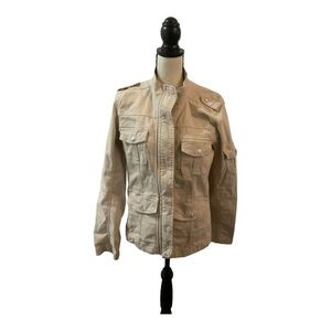 Kensie Women’s Jeans Jacket TAN Utility Military Pockets Size Large NEW NWT